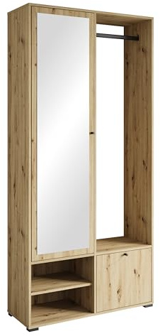 MINIO go for it - Garderobe DAFNI 90 cm Breit Flurgarderoben Set | mit Spiegel, Garderoben Set mit Ablage und Schuhschrank, Garderobenschrank Flur, Vorzimmer Möbel, Farbe: Artisan Eiche