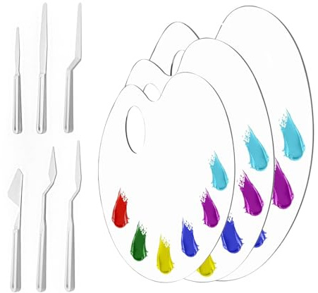 3 Stück Klare Acryl Malpalette mit 6 Stück Malerspachtel, Antihaft Öl Farbmischpalette, Transparent Oval Art Palette mit Griffloch, Mischpaletten für Ölfarben Acryl für Kunstprojekte, Kunsthandwerk