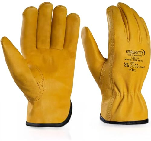 2 Pairs Work Gloves Cowhide Grain Premium Leather Yellow Driver Gloves Inside Fleece Lining & Unlined General Purpose Builder, Mechanics, Driver, Rigger, Safety, Gardening, DIY (Yellow, Large)