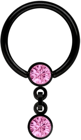Piercing Ring, BCR, schwarz, mit Kette und 5 mm Stein-Kugeln