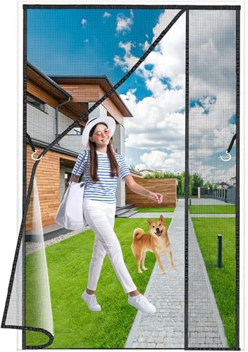 Luxvix Magnet Fliegengitter, 135x205 cm Seitliche Öffnung Fliegengitter Balkontür Ohne Bohren Insektenschutz Fliegenvorhang aus Polyester Netz, mit Klebeband, für Terrassentür Kellertür ‎Schwarz