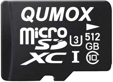 QUMOX Tarjeta de memoria microSDXC 512 GB UHS-I U3 Clase 10 con adaptador – hasta 80 MB/s de lectura, 75 MB/s de escritura – MicroSD de alta velocidad para vídeo 4K, DSLR, drones, juegos y smartphones