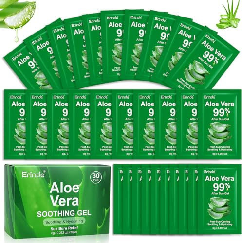 Erinde Aloe Vera Gel 99%, Pack de 30 Sobres, Gel Calmante para Quemaduras de Sol, Hidratación para Piel y Cabello, Ideal para Uso Diario y Cuidado Post-Solar