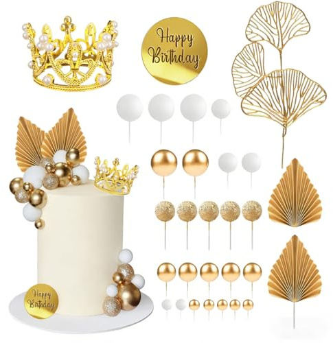 30Pcs Cake Balls Decoration, Cake Balls Cake Toppers with Golden Crown | Paper Palm Leaves Fan Cake Toppers for Birthday Boho Wedding Party Anniversary Supplies, White and Gold