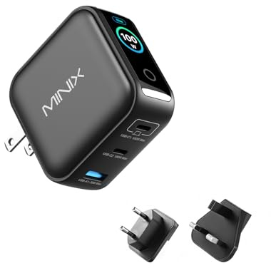 MINIX 100W USB C Charger, 3 Port GaN Charger with Smart Display and Touch Control, Powerful 100W Fast Charging for MacBook pro, iPhone 17/16 Series, Samsung Galaxy, Pixel, Laptop, and More