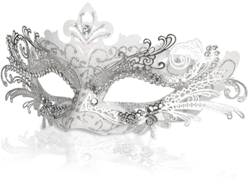 Licsaliwe Masque de mascarade vénitien blanc, demi-masque décoré de strass pour les fêtes, les bals fin d'année et les événements d'Halloween