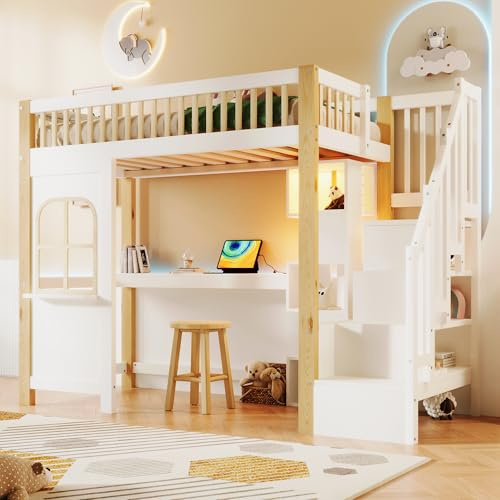 Merax Kinderbett 90x200 cm Hochbett mit Schreibtisch, Multifunktionales Holzbett mit LED-Beleuchtung, Steckdose, Ablageleiter und offenem Staufach, Fensterform, Kiefernholz, ohne Matratze, Weiß+Natur
