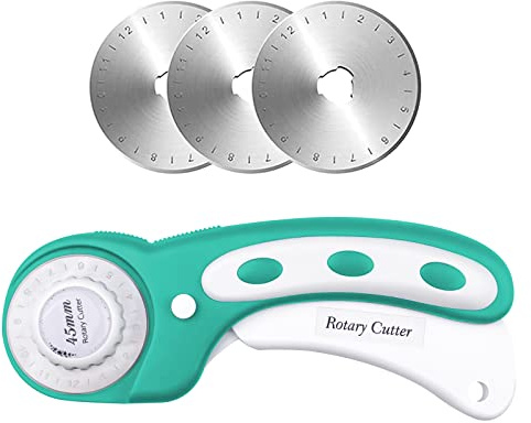 Comzantor Rollschneider Set 45mm, Edelstahl, 3 SKS-7 Ersatzklingen | Stoffschneider mit Schutzmechanismus, Ergonomischer Rotary Cutter, Profi Rollmesser, Rollenschneider für Stoff, Leder, Papier