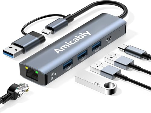 Amicably Adaptador USB a Tipo C, 5 en 2 Hub USB 3.0, USB C Hub Multiport Adapter Compatible con Macbook Air/Pro, iPad, iPhone 17 Pro MAX Air, Galaxy S25 Ultra, Surface