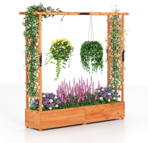 COSTWAY Blumenkasten mit Rankgitter & hängendem Dach, Pflanzkasten mit Rankhilfe, Hochbeet für Kletterpflanzen & hängende Körbe, für Garten Hof Terrasse, Pflanzkübel Holz, 196 x 44 x 182 cm (Orange)