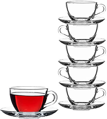 Pasabahce Basic 97948 12-Piece Glass Cups with Saucers for Tea, Coffee, Cappuccino for 6 People, 238ml