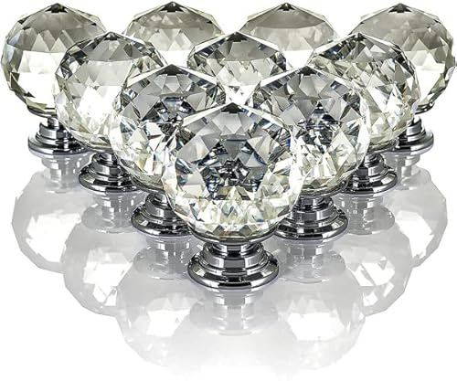Fineway 10 Pack Round Clear Crystal Door Knobs for Drawer - 30mm Crystal Drawer Knobs w/Chrome Base - Replacement Handle for Drawer, Wardrobe, Cabinet Door - Quick & Simple to Install Crystal Knobs