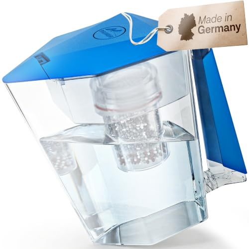 NEU: Wasserfilter Premium Bio Made in Germany inkl. 1 Trinkwasserkanne +1 Filterkatusche und Filterpad (für 3 Monate) - Hellblau, Trinkwasserfilter + Filterkanne