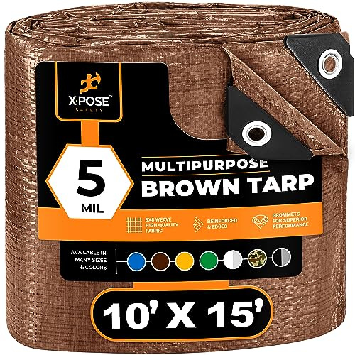 Multipurpose Protective Cover Brown Poly Tarp 10' x 15' - Durable, Water Resistant, Weather Resistant - 5 Mil Thick Polyethylene - by Xpose Safety
