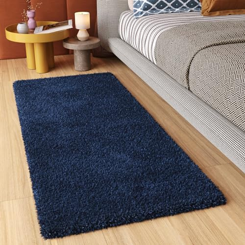 TAPISO Essence Teppich Läufer Flur Brücke Shaggy Hochflor Langflor Dunkelblau Blau Einfarbig Weich Modern Design Korridor Schlafzimmer ÖKOTEX 80 x 300 cm