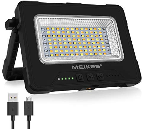 MEIKEE Foco LED Recargable 1000 Lúmenes con Batería 10000mAh, Luz de Trabajo Portátil con 4 Modos/5 Niveles de Brillo, Carga Solar/USB, Soporte Ajustable 180°, Power Bank para Camping/Emergencias