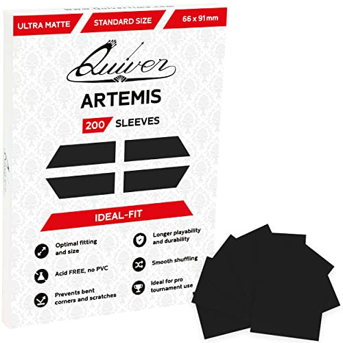 Quiver Time 200 Artemis Schwarze Matte Kartenhüllen 66x91 mm | 200 matte Standard-Kartenhüllen (66 x 91 mm) für MTG und andere TCG Sammelkarten