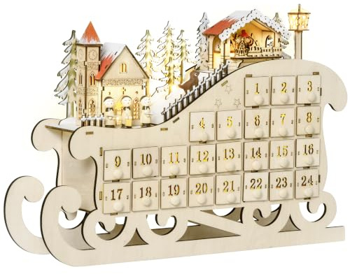 HOMCOM Calendrier de l'avent en bois Lumineux Frome de traineau | 10 Lumières Blanc Chaud, 24 Tiroirs, Décoration Lumineuse de Noël