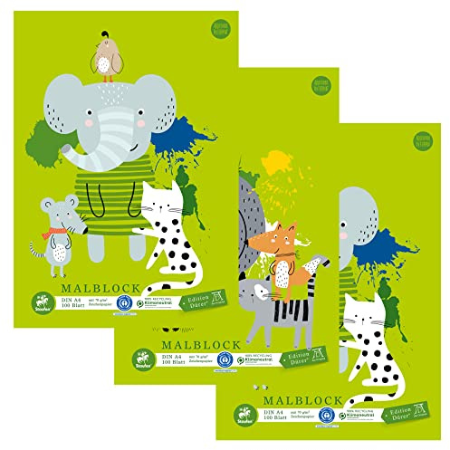 Staufen Edition Dürer Malblock - DIN A4, 100 Blatt, geleimt, premiumweißes 70g/m² Recyclingpapier, Deckblatt mit 2 Motiven, 3 Stück