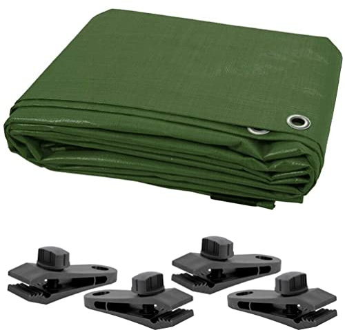 4 x 8 m Tarpaulin Waterproof Heavy Duty Cover Ground Sheet Camping Multipurpose Furniture Caravan with 4 Tarp Clips (Green – 90 GSM)