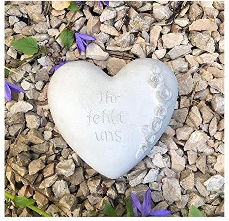 Radami Grabherz Gedenkstein - Ihr fehlt Uns - Grabschmuck Grabdeko Trauerherz 10cm, Handarbeit Natur
