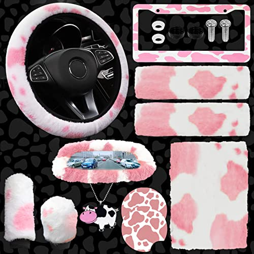 JINGSEN11-teiliges, Flauschiges Autozubehör-Set, Plüsch-Lenkradbezüge, Handbremsen- und Schalthebelbezüge aus weichem Fleece, rutschfeste Autoverkleidung, Dekorationen (Rosa)
