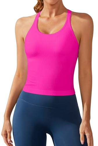 ATTRACO Women Built in Bra Workout Top Ribbed Tank Top Summer Tank Slim Fit Hot Pink XL