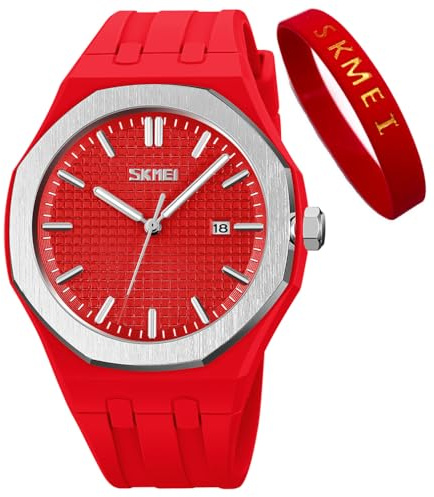 SKMEI Armbanduhr, für Herren, Silikon, leicht ablesbar, wasserdicht, Sport, Freizeit, modisch, analog, Quarz, leuchtend, Geschenk für Väter, Schwarz, G9299red, modisch