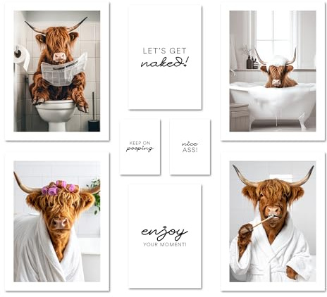 ARTFAVES® Poster Set - FUNNY BATHROOM - mehrteilige Wanddeko Wohnzimmer & Schlafzimmer - 8 moderne Wandbilder Hochlandrind, WC Badezimmer Toilette Bilder, witzige Deko - ohne Bilderrahmen