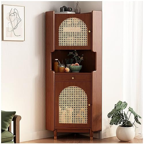 ZORZA Eckschrank Schließfach, Eichenholz, Eck-Badeschrank mit Rattantüren und verstellbaren Einlegeböden, freistehender Eckschrank, platzsparend für Wohnzimmer, Küche,Walnut