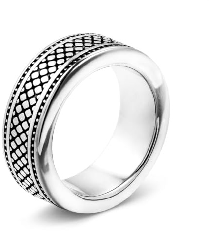 meditoys Edelstahlring mit schwarzem Muster, 9,0 mm breiter Herrenring mit silberner Oberfläche, aus Edelstahl, Farbe: Silber und Schwarz, robust und kratzfest