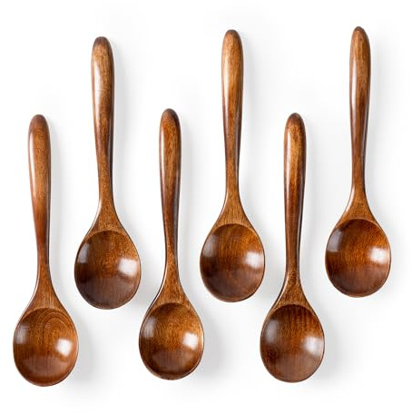 Hefild 6 PCS Wooden Spoons for Honey, 6.7 inch Small Wooden Spoons - Terrific for Tea, Coffee & Soup, Little Wood Serving Table Spoon Set, Bulk Bamboo Teaspoon for Eating with Unique Design
