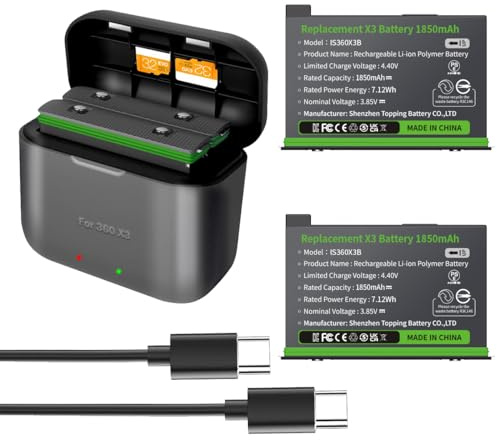 XINGLT 2 Packs 360 X3 Batteries with Charger Hub for Insta 360 ONE X3 Battery 1850mAh Insta 360 x3 Accessories (2 Battery+Charger)