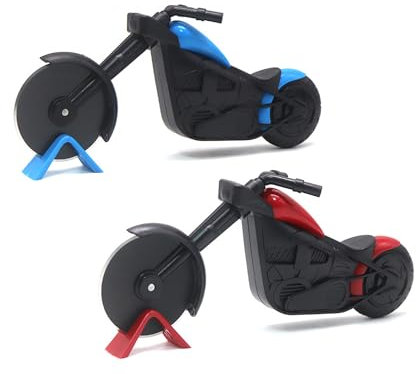 MEMOFYND 2 PCS Motorcycle Pizza Cutter, Pizza Cutter, Stainless Steel Pizza Roller Knife, Funny Pizza Cutter, Sharp Roller Pizza Cutter, Kitchen Tools (Blue, Red)