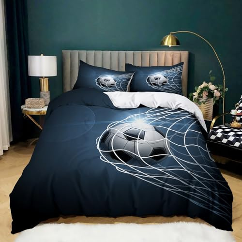 XCQHZYQ Bedding Sets Double 200x200 cm Sports Football Navy Blue Duvet Cover Easy Care Printed Quilt Covers With Pillow Case, Bed Cover Themed Soft Microfiber Bedspread
