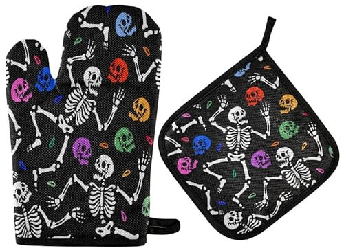 Mexican Skelton Heads Oven Mitts Pot Holder Set Day of The Dead Kitchen Decor Cooking Stove Gloves Heat Resistant Hot Pads Recycled for BBQ Baking Grilling