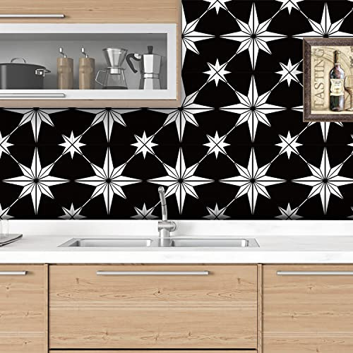 Neukids 12pcs 15×15cm Black Tile Stickers,Eight-Pointed Star Stick on Tiles | Classic,Peel and Stick Adhesive Tiles,Bathroom Laundry RV Panels Fireplace Cooker Kitchen Backsplash Self Adhesive