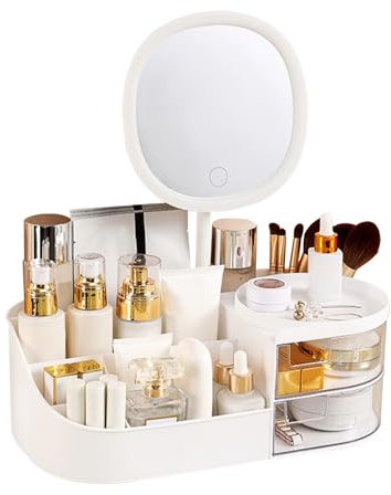 DASITON Make up Organizer mit Spiegel,Make up Pinselhalter mit 2 Schubladen,Multifunktionale Makeup Organizers Kosmetikaufbewahrung,Große Kosmetik Schminke Organizer für Schlafzimmer,Badezimmer(Weiß)