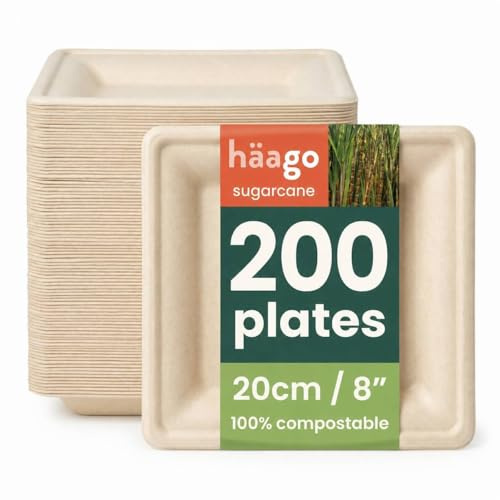 HAAGO 200 Compostable Sugarcane Plates, 8 / 20 cm Square – Strong Heavy-Duty Paper Plates – Biodegradable Disposable Party Plate for Hot & Cold Food, Picnics, BBQ & Takeaway