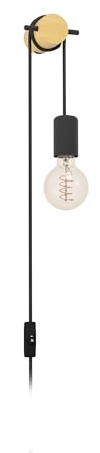 EGLO Wandlampe innen Buddon, Wandleuchte Vintage Natur | Wandbeleuchtung mit Stecker und Schalter, helles Holz und schwarzes Metall, FSC zertifiziert, E27 Fassung