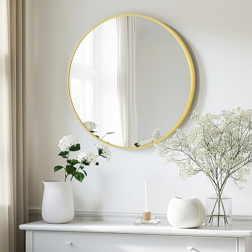 LunaMirror Round Wall Mirror 60x60 CM Circle Wall-Mounted Bathroom Vanity Mirror Stylish Black Aluminum Frame Home Decor Hanging for Bathroom Hallway Entrance Living Room Bedroom