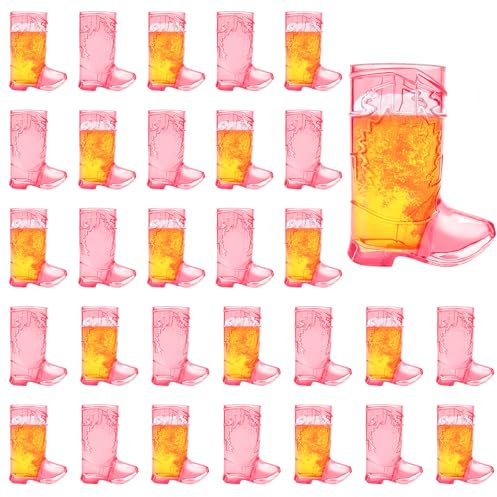 SAIAOKJ Cowboy Boot Shot Glasses,30 Pcs 1 Oz Mini Plastic Boot Shot Glass, Reusable Plastic Boot Cups for Cowboy Cowgirl Western Theme Party Supplies Bachelorette Birthday Party Favors(Rose Red)