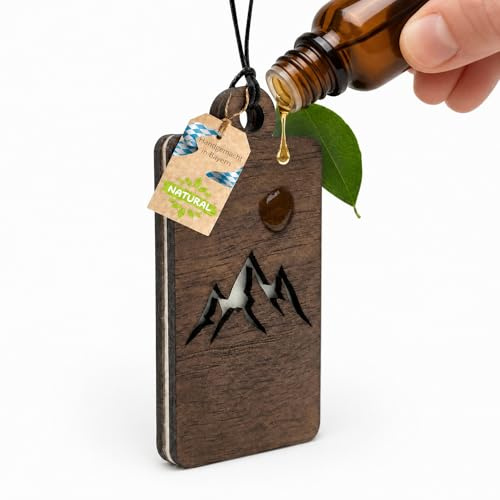 Duftbaum Auto [Berge] Holz Diffuser für ätherische Öle, 100% Nussbaum, Auto Duft mit verschiedene Designs, wiederverwendbar mit Filzpad, Handgefertigt in Bayern, Eleganter Lufterfrischer