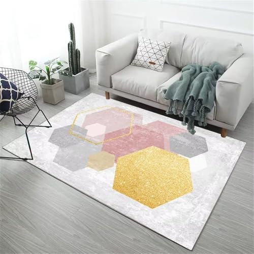 RUGMRZ Kurzflor TeppichTeppichläufer Teppiche Waschbar 200x250CM Kinderzimmer GrauRosa moderner waschbarer Teppich mit geometrischem Muster