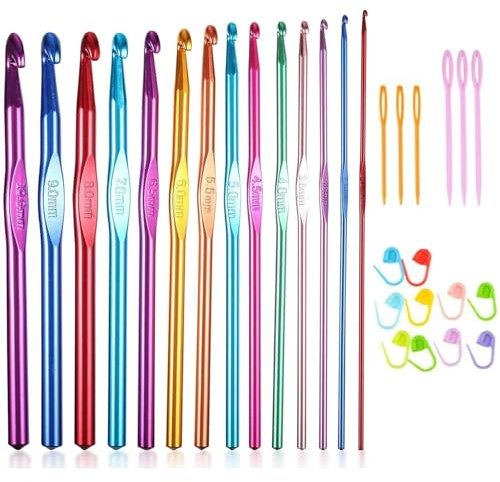 14 Stück HäKelnadel Set, Crochet Hooks, Häkelnadeln Set, Stricknadeln aus bunt Aluminium 14 Größen 2mm-10mm, Crochet Set, HäKelset, Stricken Werkzeuge Zubehör