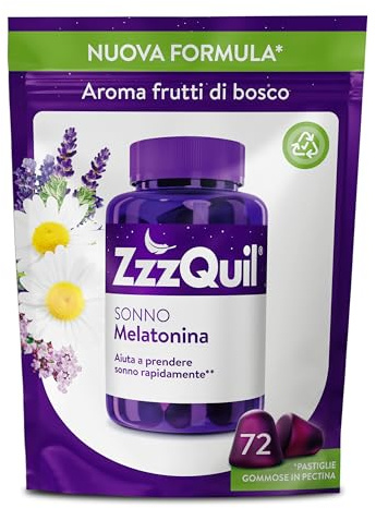 ZzzQuil Sonno, Melatonina pura per Dormire, Integratore con Estratti Di Valeriana, Camomilla e Vitamina B6, Formulazione Vegana, 72 Pastiglie Gommose