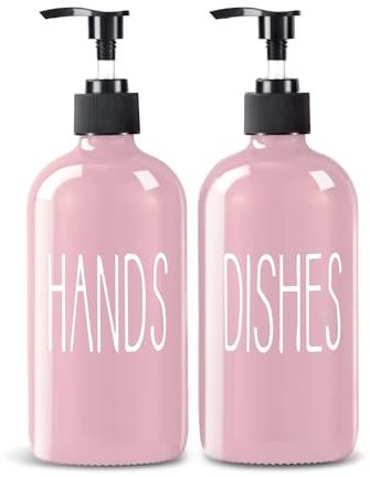 COHOSEGE Glass Soap Dispenser Set 2 Pack,16 Oz Dish Soap Dispenser for Kitchen Sink,Pink Kitchen Accessories and Kitchen Decor,Pink Decorations and Kitchen Utensils for Kitchen