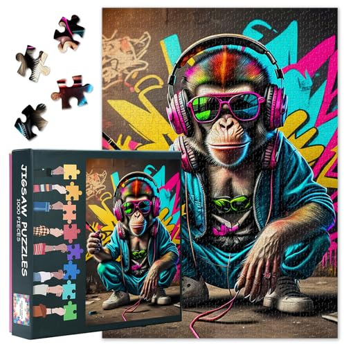 Puzzle 1000 pièces - Singe DJ avec casque et lunettes de soleil - Puzzle de 1000 pièces - Jeu d'adresse pour toute la famille - Jeu de ponte coloré - Puzzle pour adultes à partir de 6 ans - Dimensions