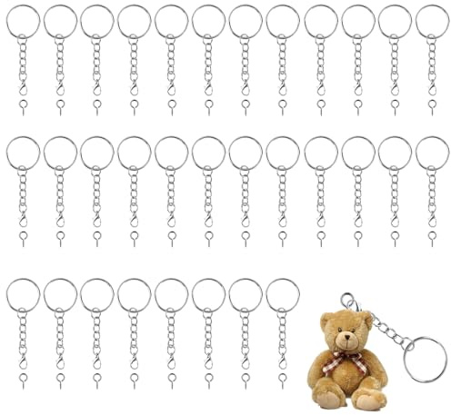 60 Stück Schlüsselring mit Kette, Set 30 Schlüsselanhänger Ring Kette mit 30 Schrauböse Pins Basteln Selber Machen 25mm Silbrig mit Karabinerverschluss für DIY Schlüsselbund Basteln Schmuckherstellung
