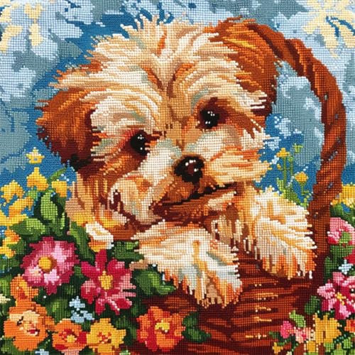 Kitquiver Tier Diy Knüpfkissen Set Hundeblumen Knüpfkissen-Sets,Grobes Kreuzstich-Set,Diy-Stickerei-Nadelspitzen-Kit Für Heimdekoration 17x17in